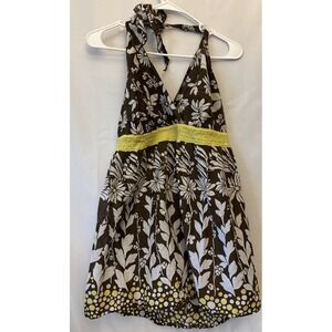 Brown & Yellow Floral Print Halter Babydoll Blouse- Mini Dress No Tags